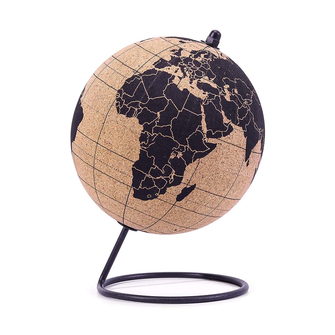 Globo terráqueo de corcho con base metálica